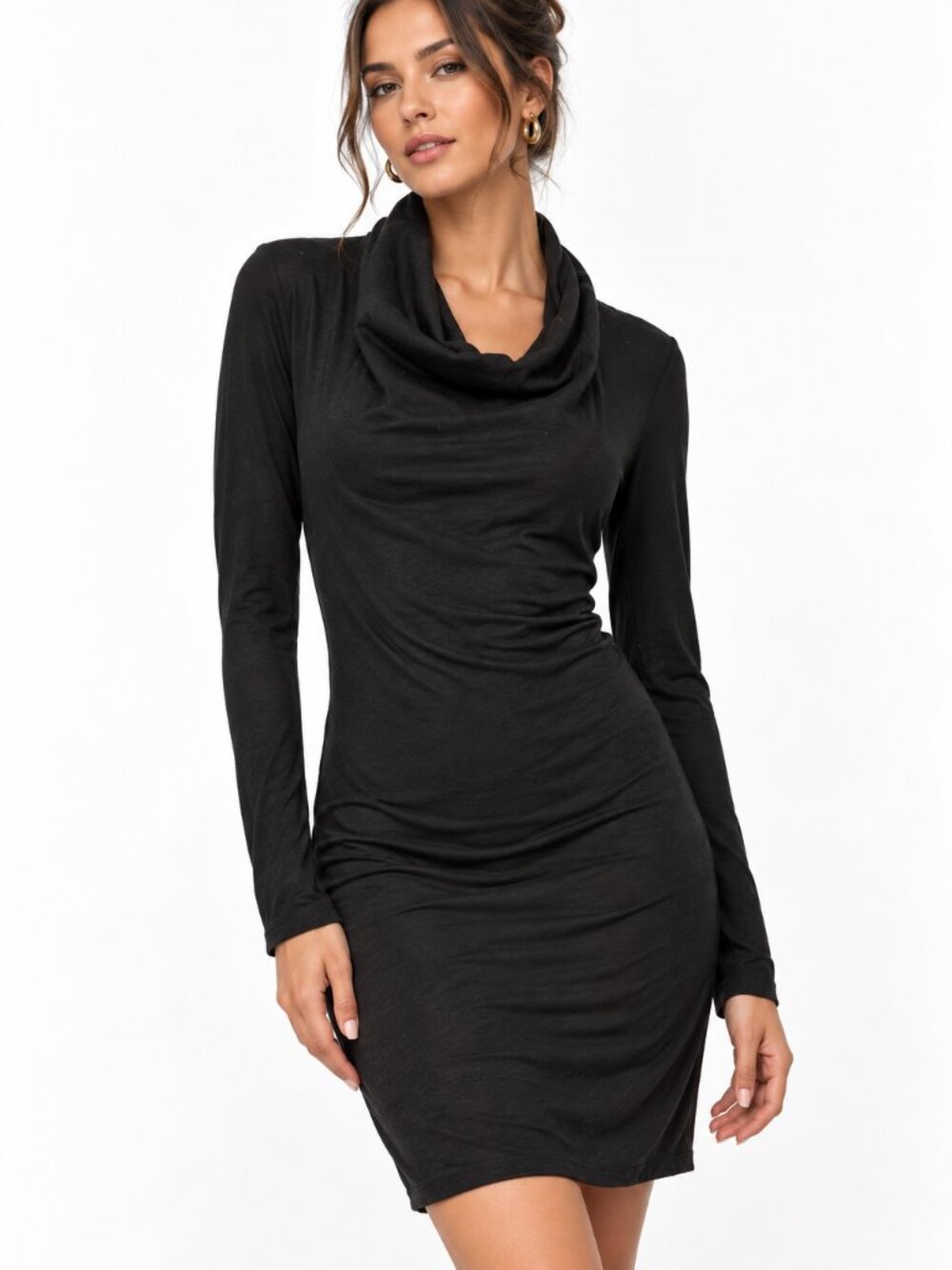 HELMUT LANG Wool Black Cowl Neck Long Sleeve Dress XS